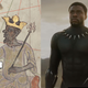 Fourteenth-century drawing of Mansa Musa (Wikimedia Commons); Black Panther (Marvel)